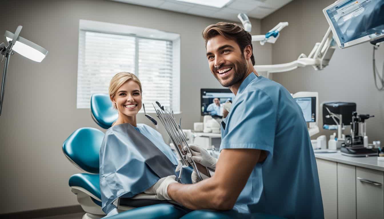 A smiling patient in the dentist's chair with dental tools.