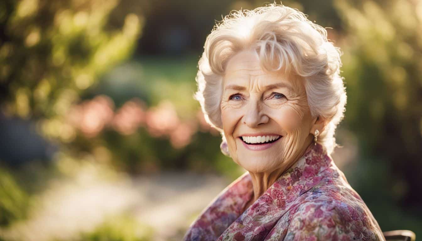 'A smiling senior woman wearing dentures in a garden.'