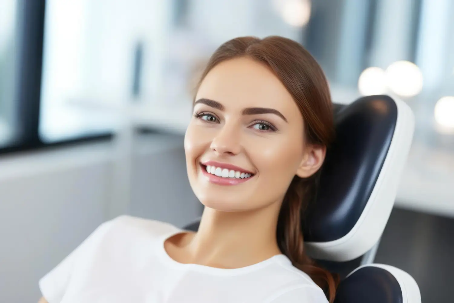 Woman smiling confidently in a dental chair, showcasing bright white teeth after a professional teeth whitening treatment.