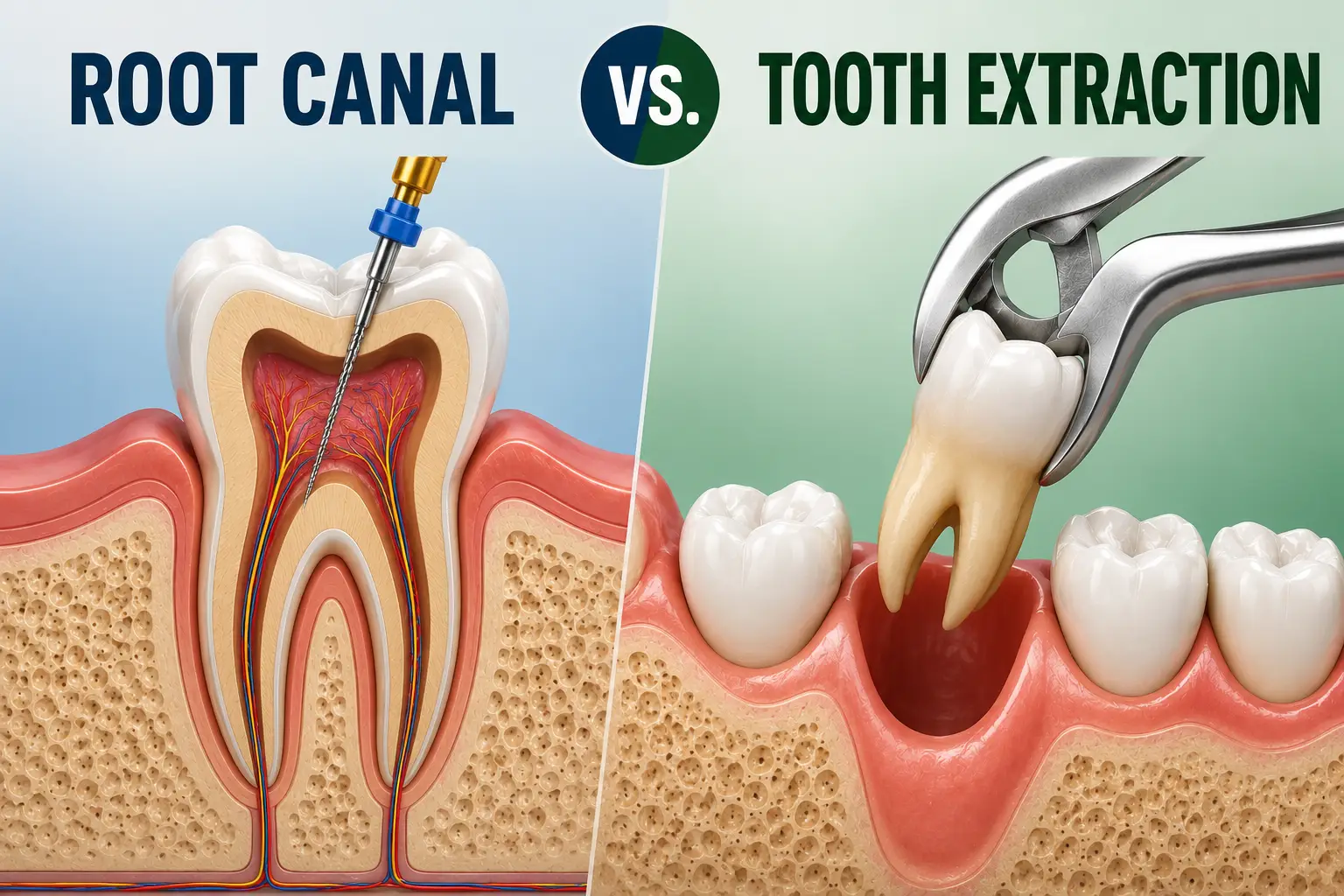 Root canal vs. tooth extraction showing a tooth being treated with a root canal and another being removed with dental forceps.