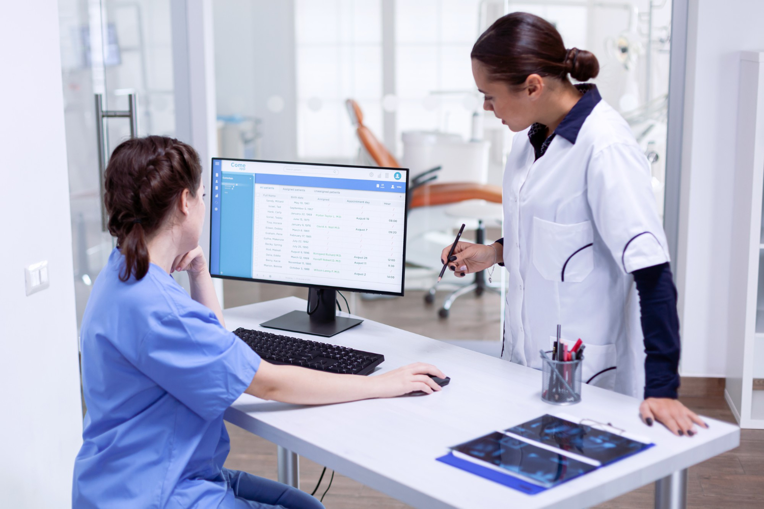 Dental appointment scheduling with a healthcare professional for regular dental checkup planning and follow-up care.