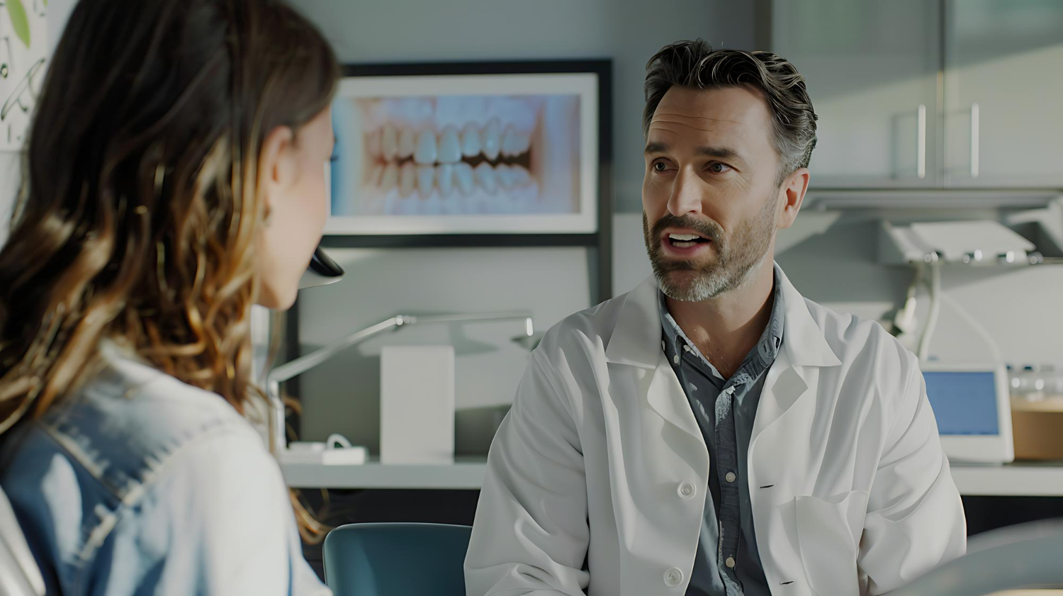Dentist discussing cosmetic and general dental treatment options with a patient during a dental consultation.