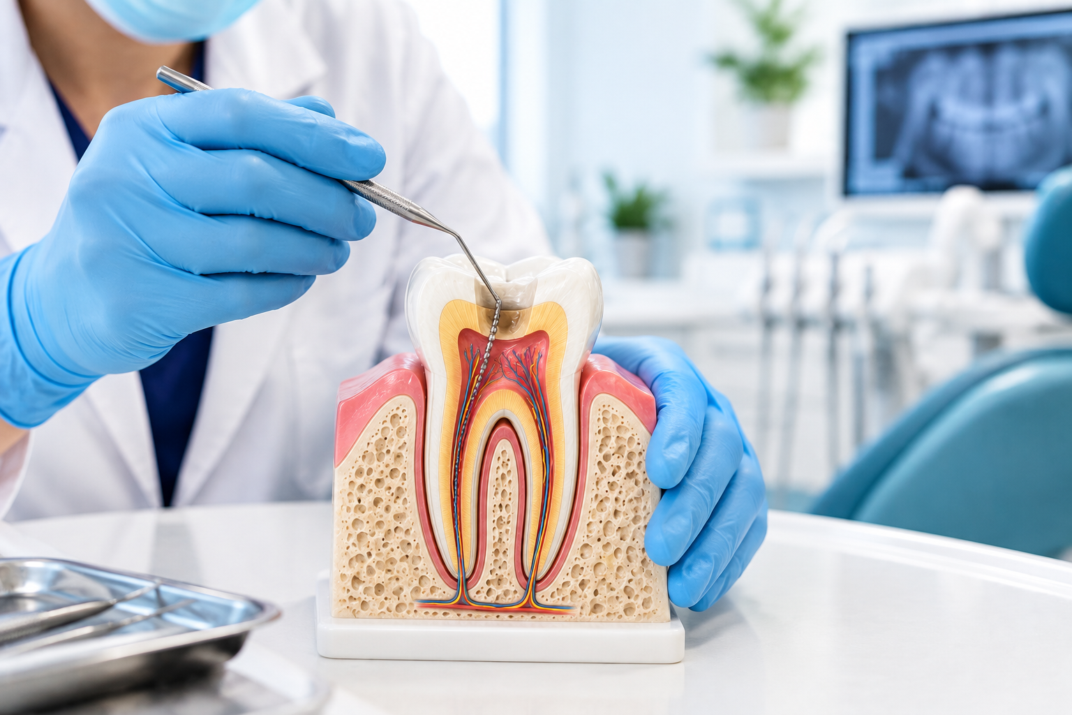 Dentist examining a cross-section tooth model to demonstrate root canal treatment and natural tooth preservation.