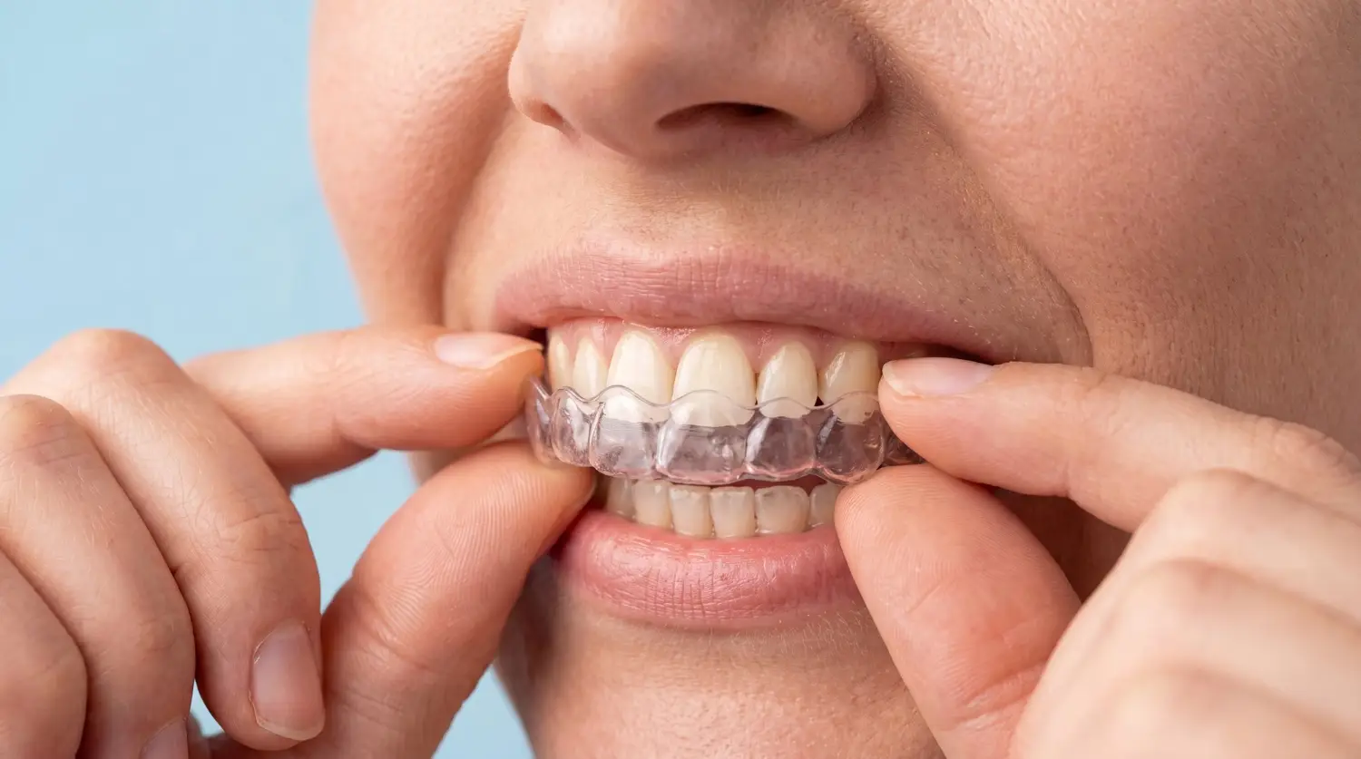 Patient wearing clear aligners for Invisalign treatment to straighten teeth with discreet cosmetic dental treatment use.